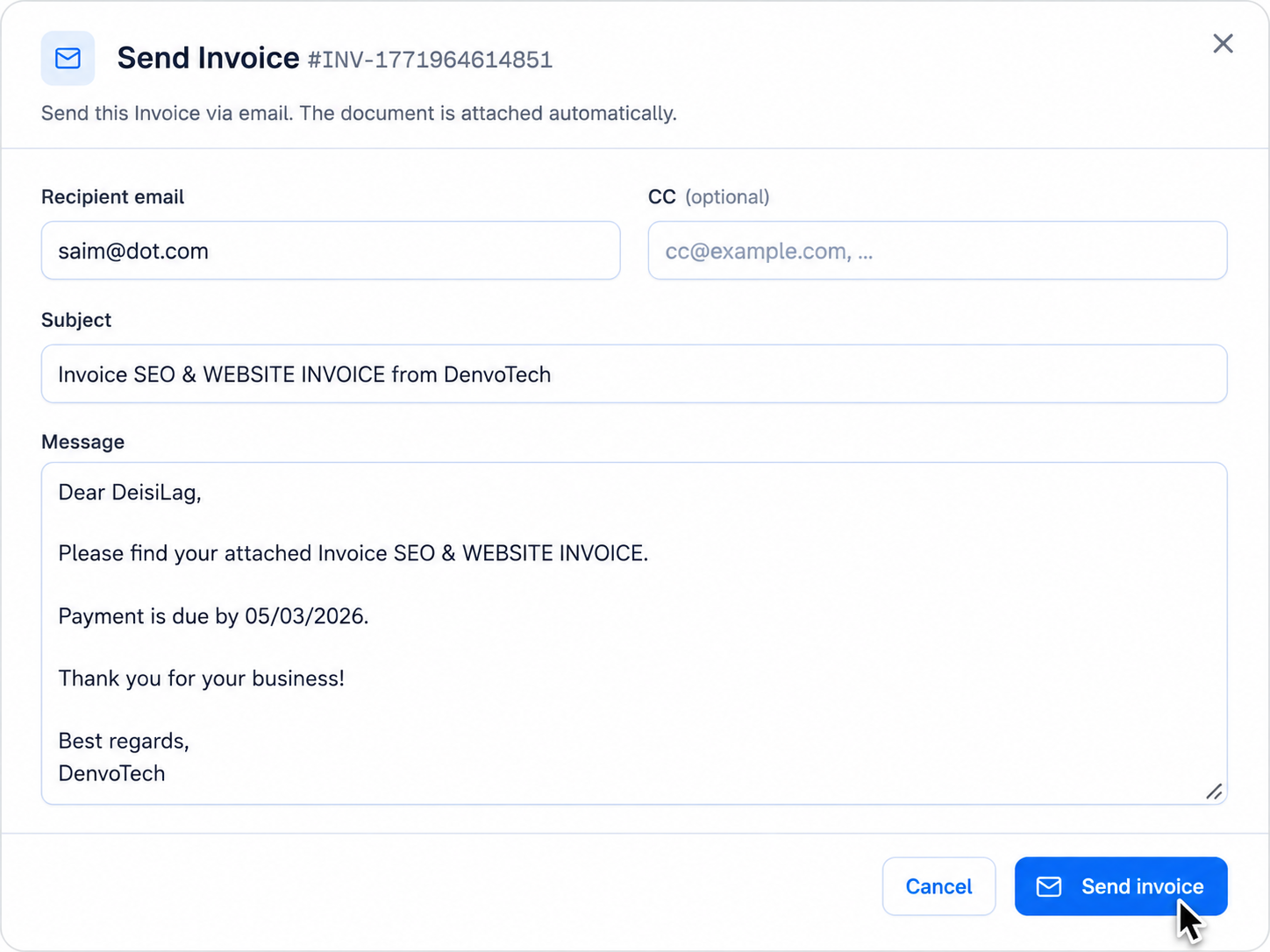 Send invoices online instantly with email directly